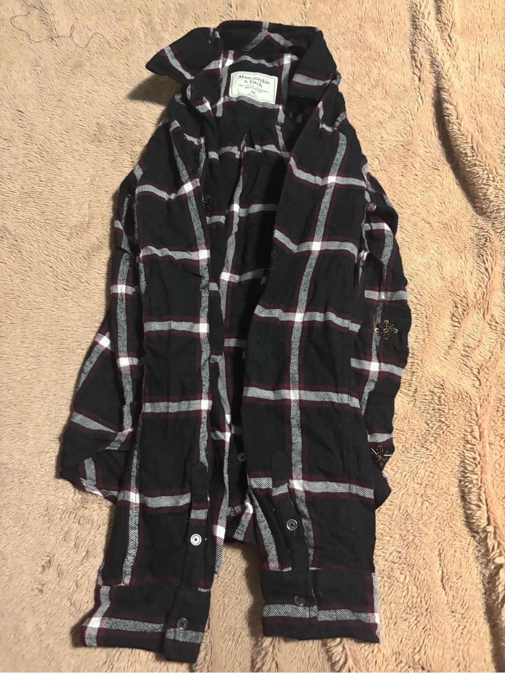Abercrombie & Fitch Black Plaid Shirt with White and Burgundy Stripes